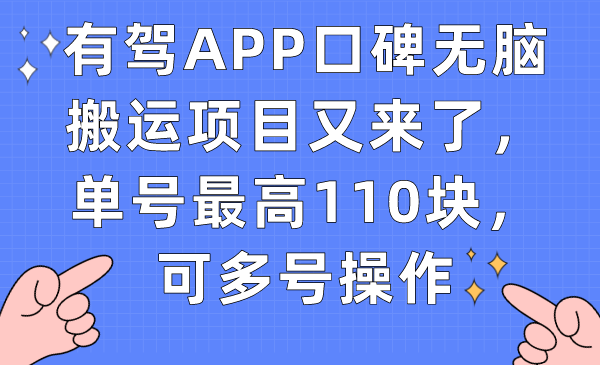 有驾APP口碑无脑搬运项目又来了，单号最高110块，可多号操作-百盟网