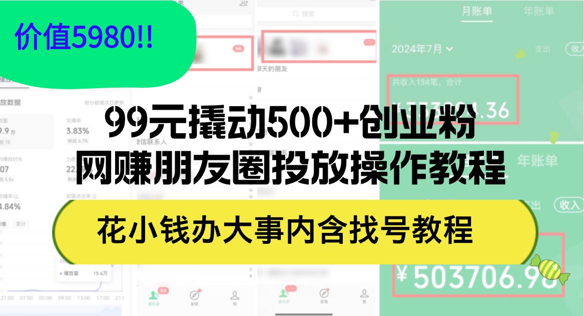 99元撬动500+创业粉，网赚朋友圈投放操作教程价值5980！花小钱办大事内…-百盟网